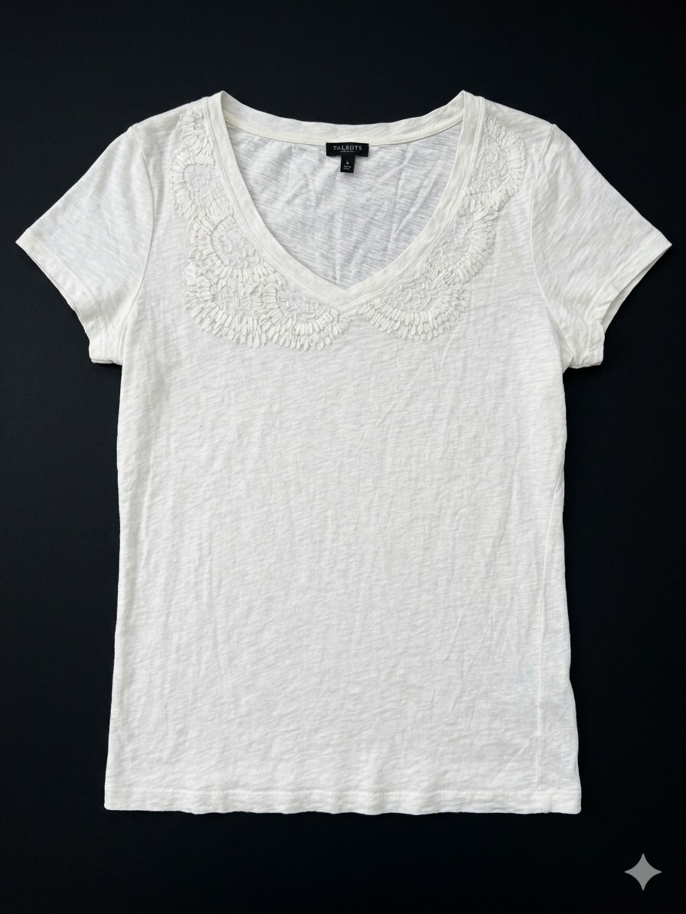 Talbots White Embroidered V-Neck Tee